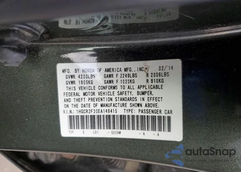 2014 Honda Accord Lx z USA, uszkodzony, nr VIN 1HGCR2F30EA149415